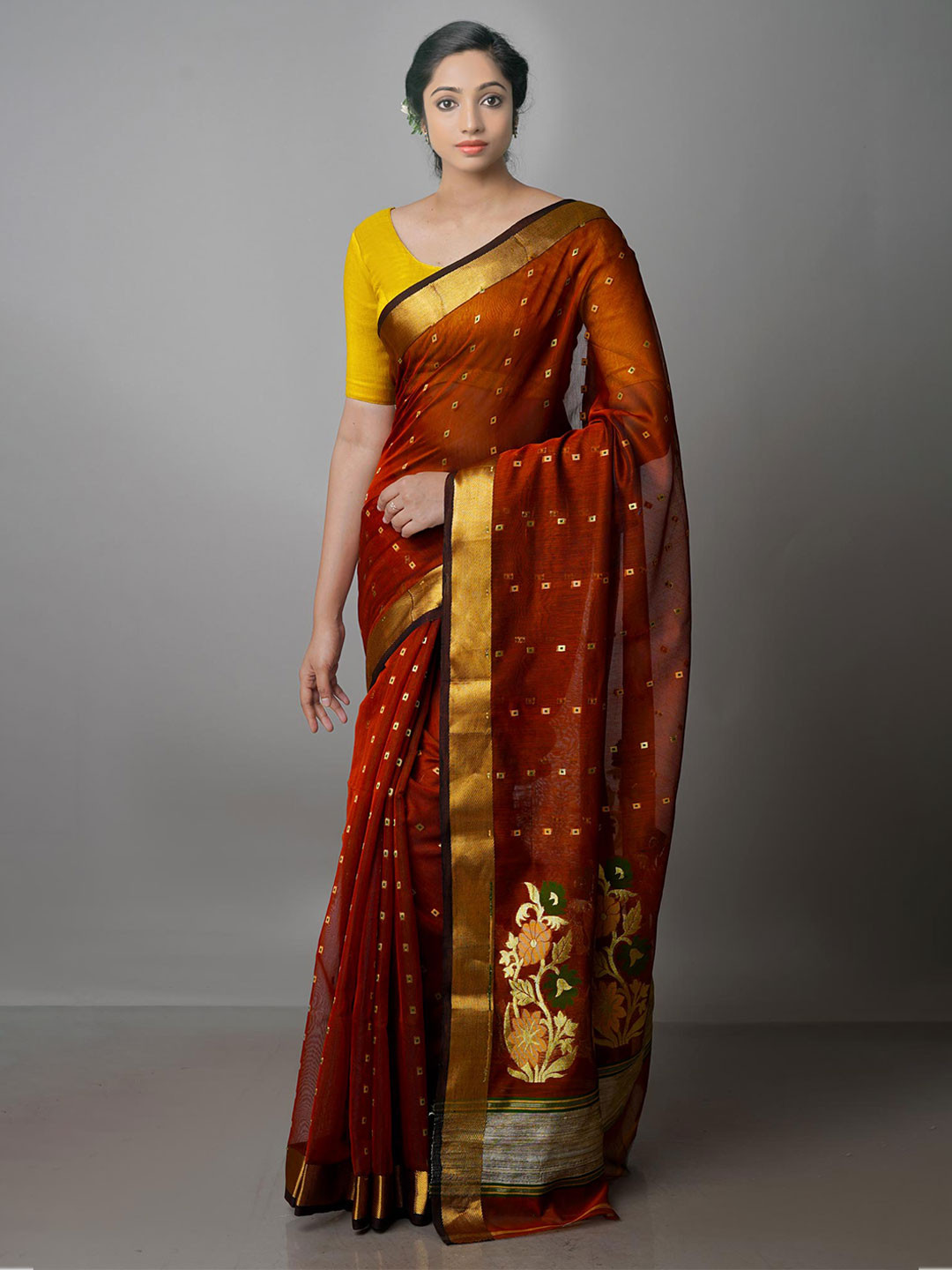 

Unnati Silks Woven Design Zari Handloom Pure Cotton Jamdani Saree, Brown