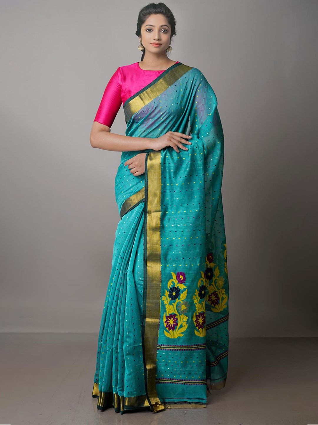 

Unnati SilksWoven Design Zari Handloom Pure Cotton Jamdani Saree, Blue