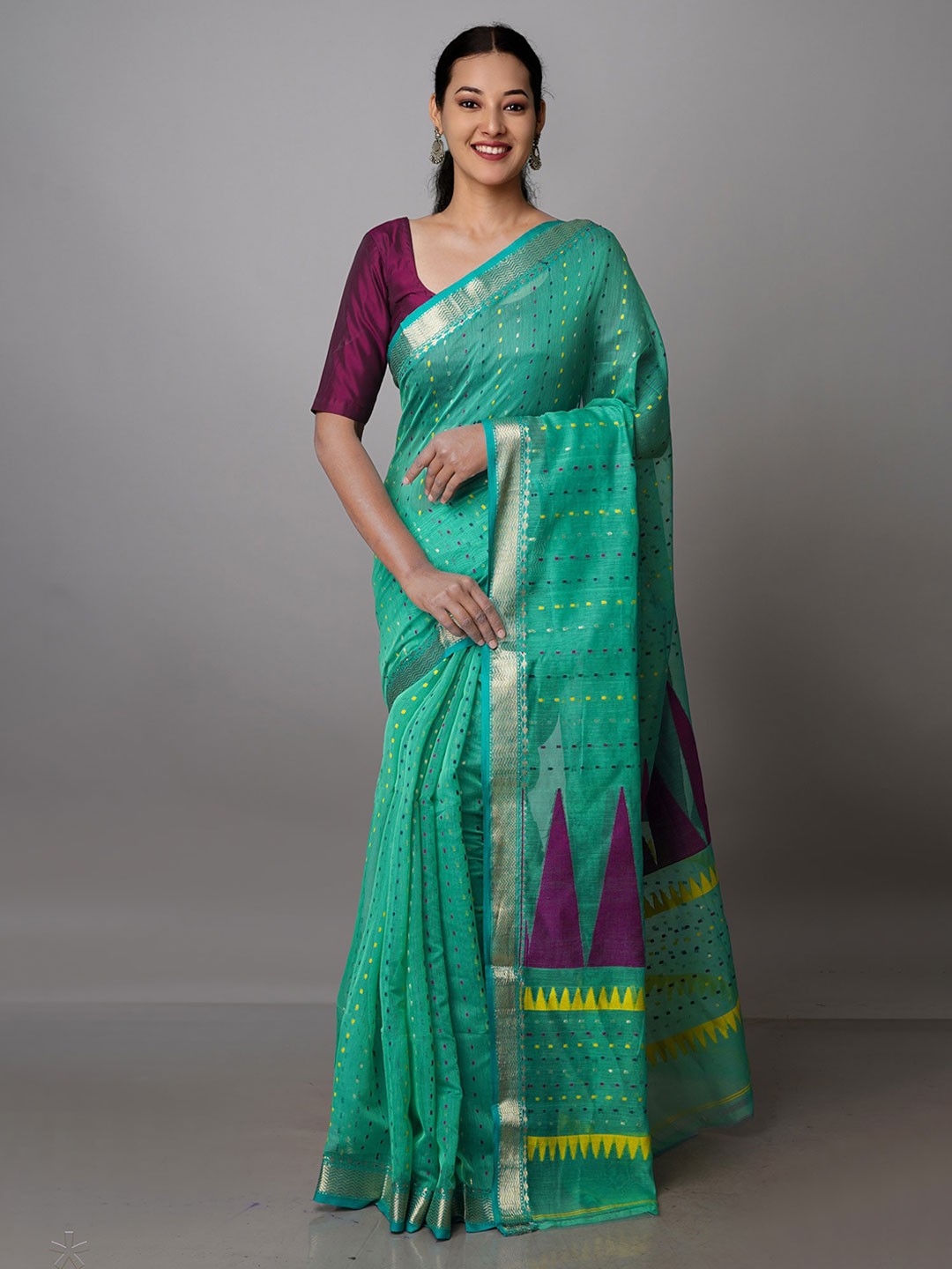

Unnati Silks Woven Design Zari Handloom Pure Cotton Jamdani Saree, Green