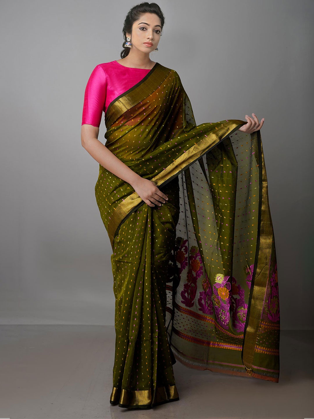 

Unnati Silks Woven Design Zari Handloom Pure Cotton Jamdani Saree, Green