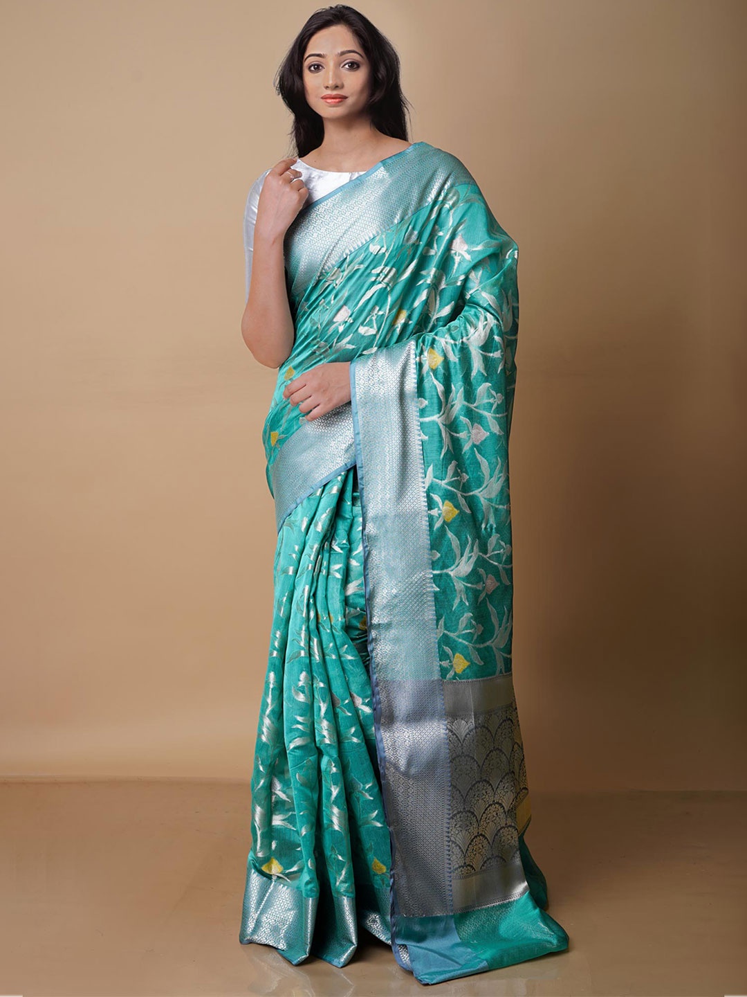 

Unnati Silks Woven Design Zari Silk Blend Banarasi Saree, Sea green