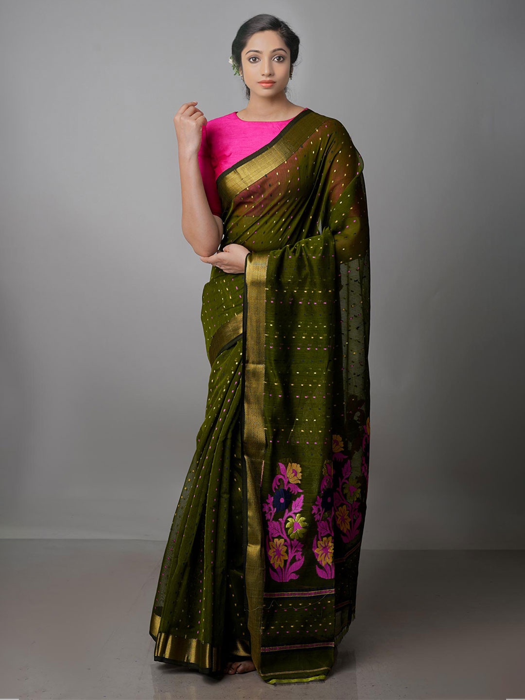 

Unnati Silks Woven Design Zari Handloom Pure Cotton Jamdani Saree, Green