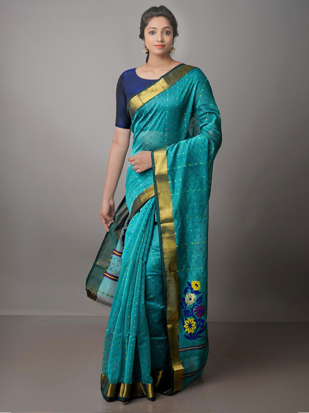 

Unnati Silks Woven Design Zari Handloom Pure Cotton Jamdani Saree, Teal