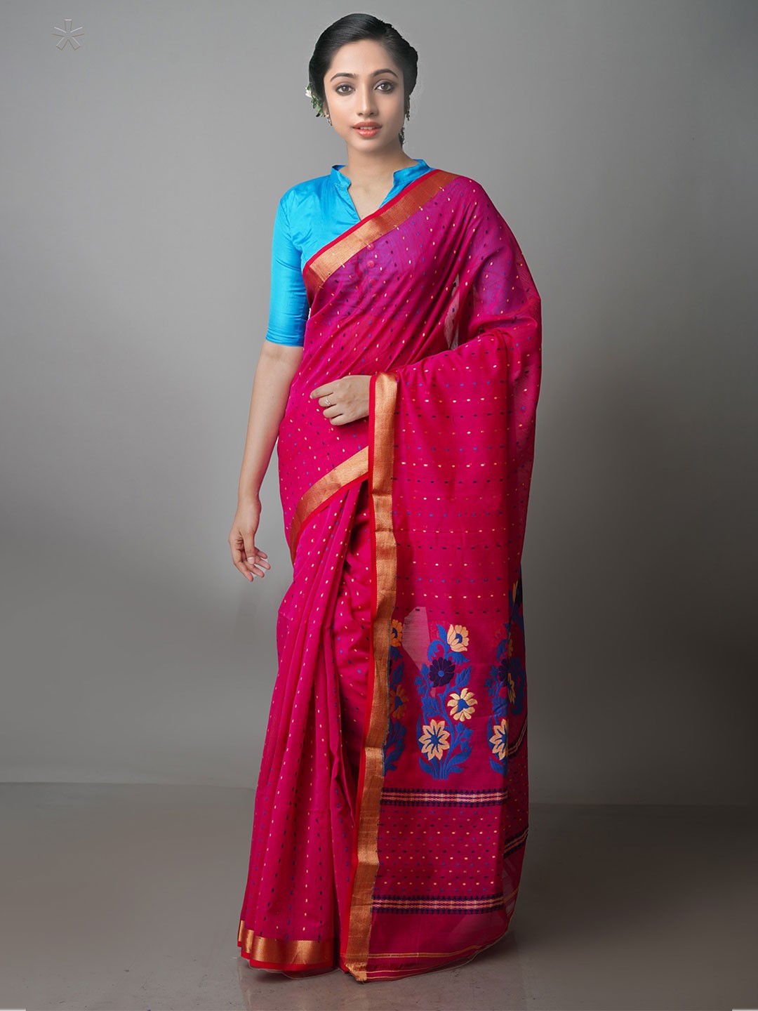 

Unnati Silks Woven Design Zari Handloom Pure Cotton Jamdani Saree, Pink