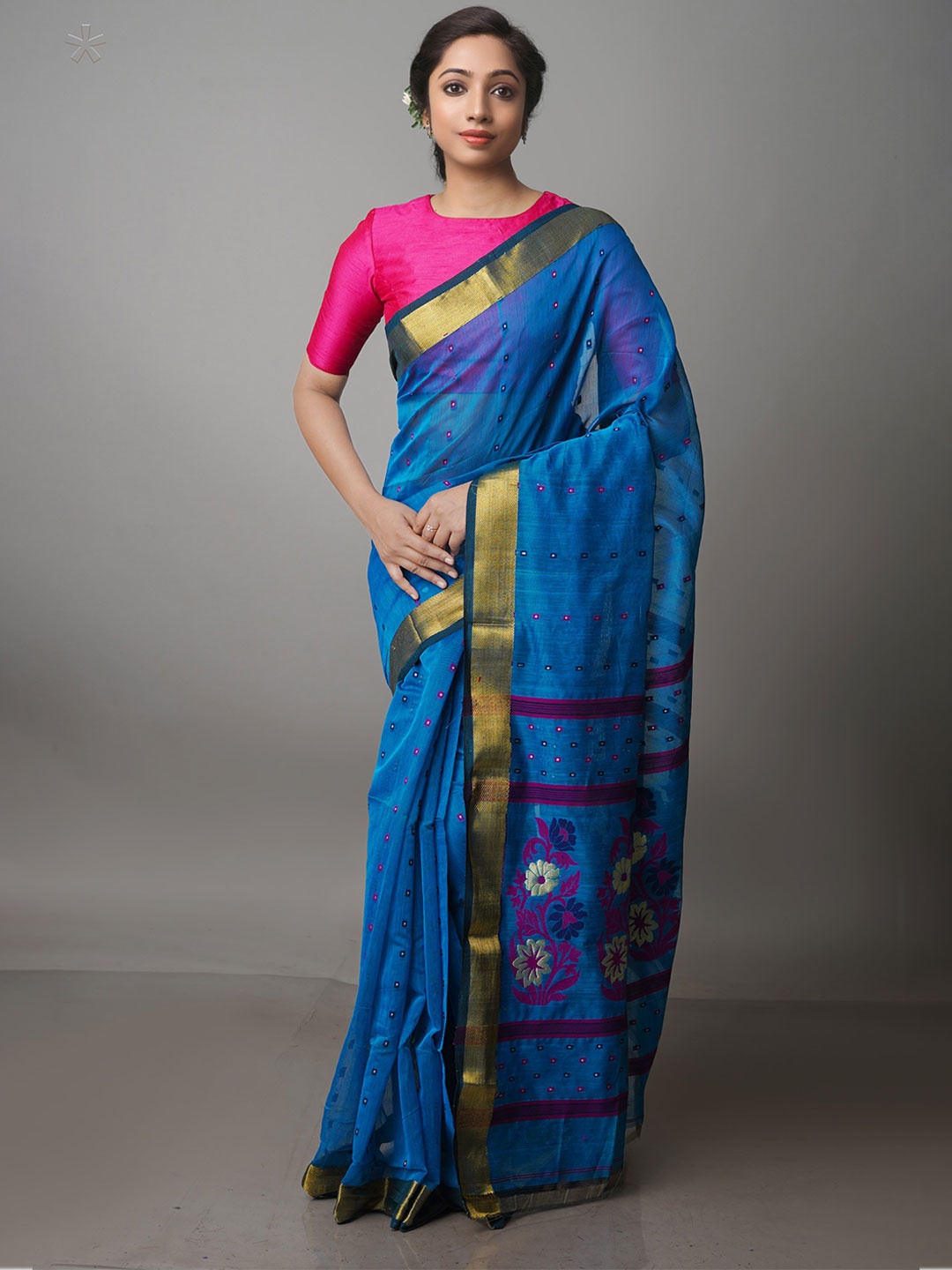 

Unnati Silks Woven Design Zari Handloom Pure Cotton Jamdani Saree, Blue