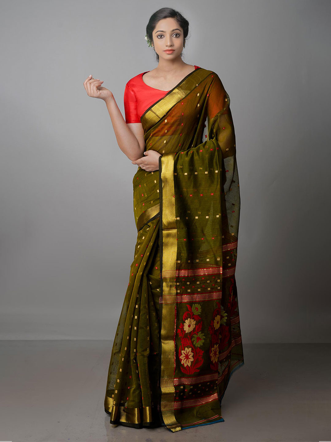 

Unnati Silks Woven Design Zari Handloom Pure Cotton Jamdani Saree, Green