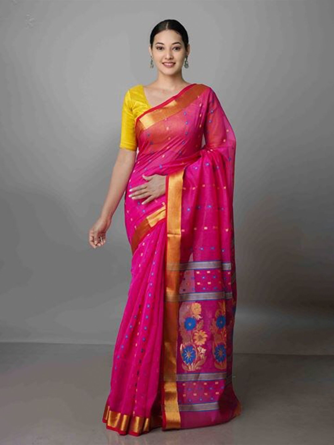 

Unnati Silks Woven Design Zari Pure Cotton Jamdani Saree, Pink