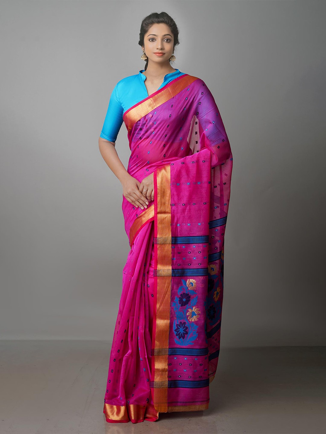 

Unnati Silks Woven Design Zari Pure Cotton Handloom Jamdani Saree, Pink