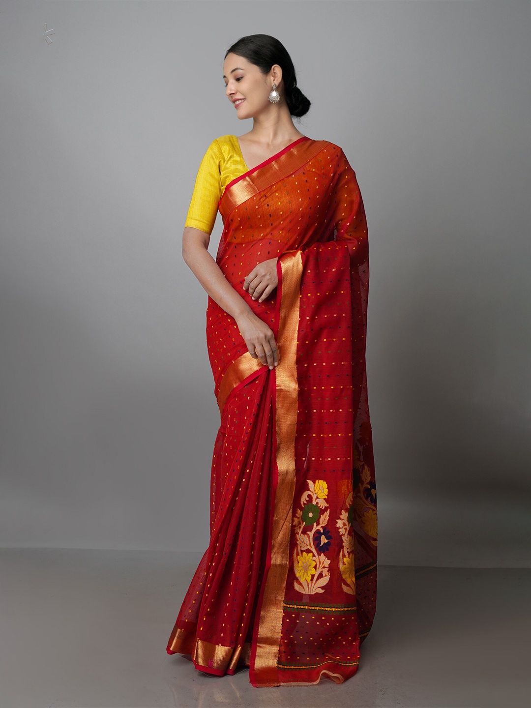 

Unnati Silks Woven Design Zari Pure Cotton Jamdani Saree, Red