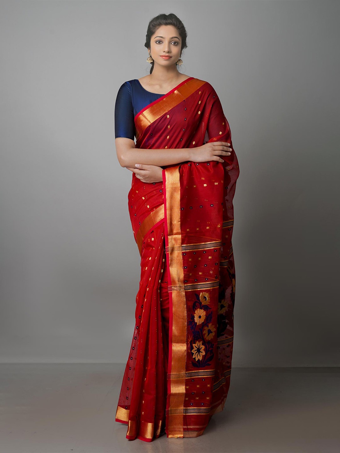 

Unnati Silks Woven Design Zari Pure Cotton Jamdani Saree, Red