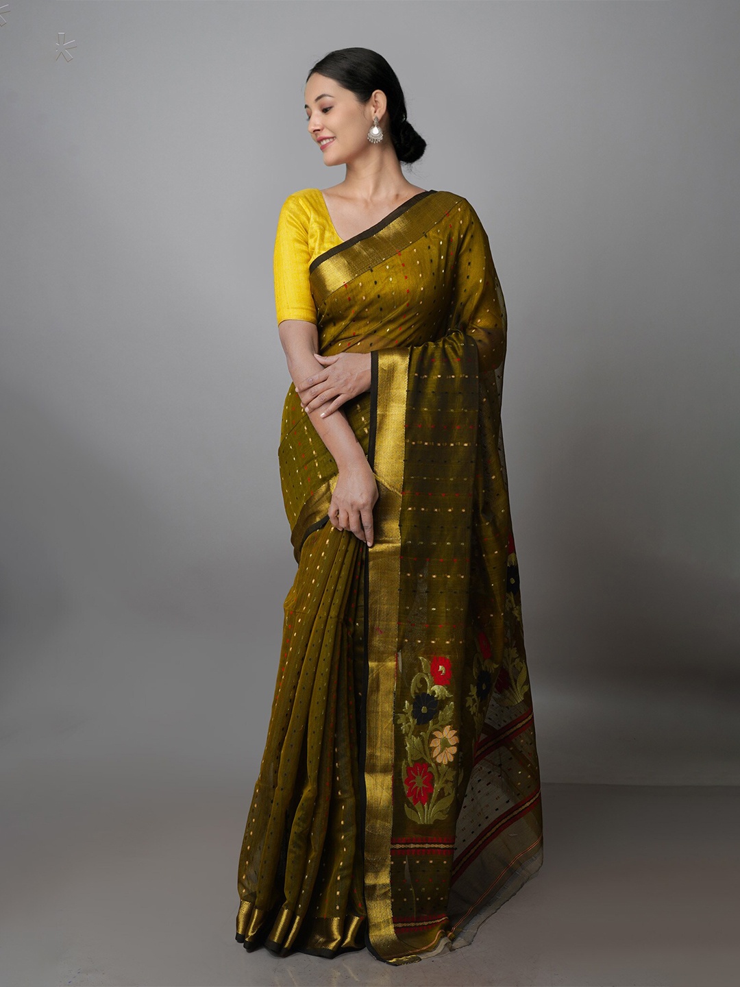 

Unnati Silks Woven Design Zari Pure Cotton Jamdani Saree, Olive