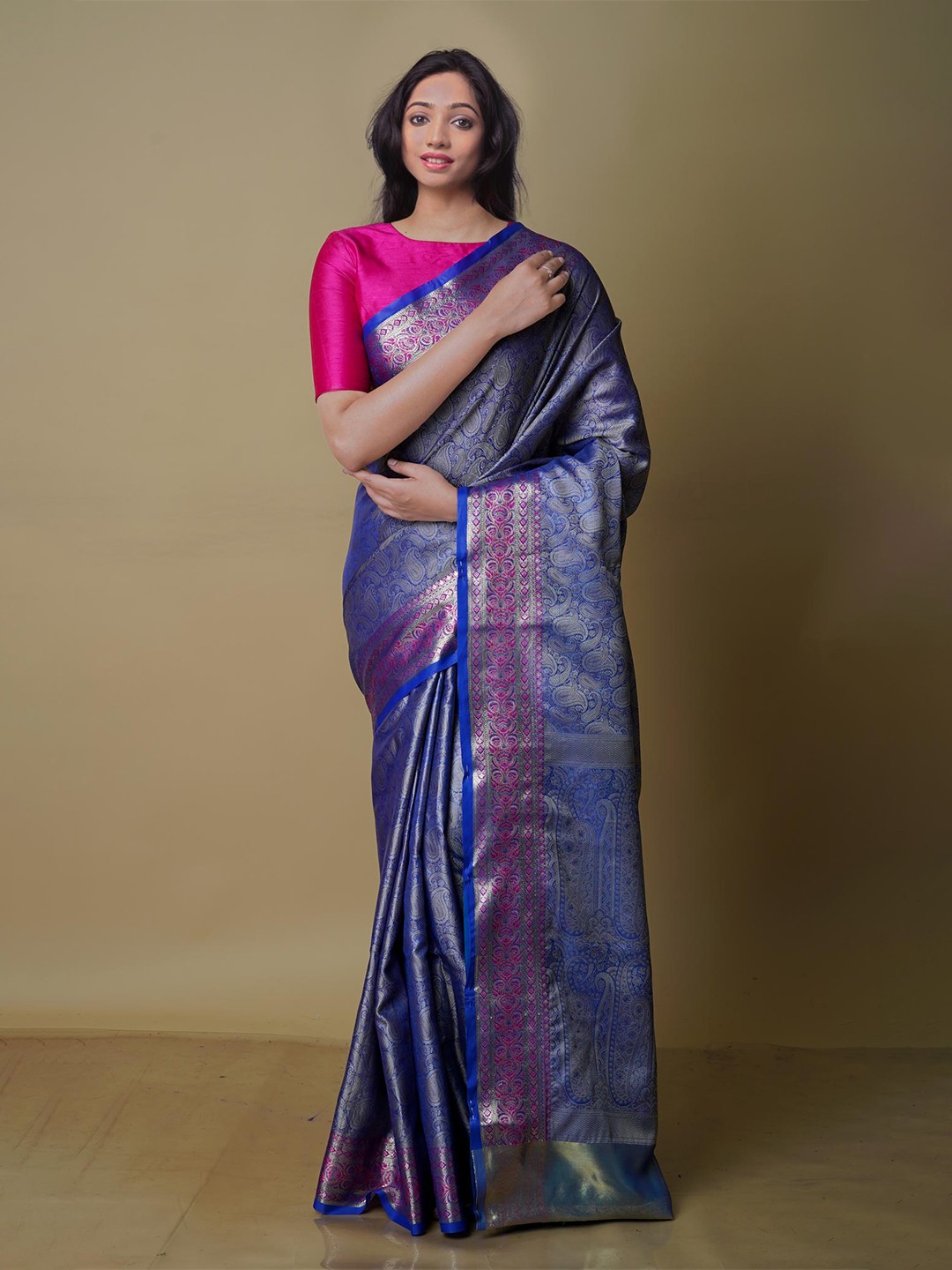 

Unnati Silks Woven Design Zari Silk Blend Banarasi Saree, Navy blue