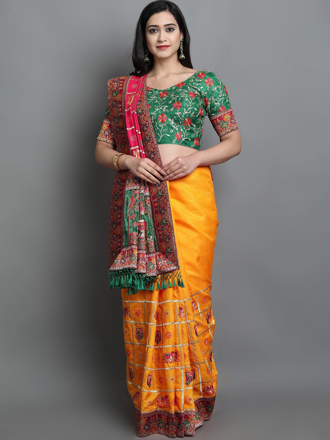 

Ekta Textiles Floral Embroidered Patola Saree, Yellow