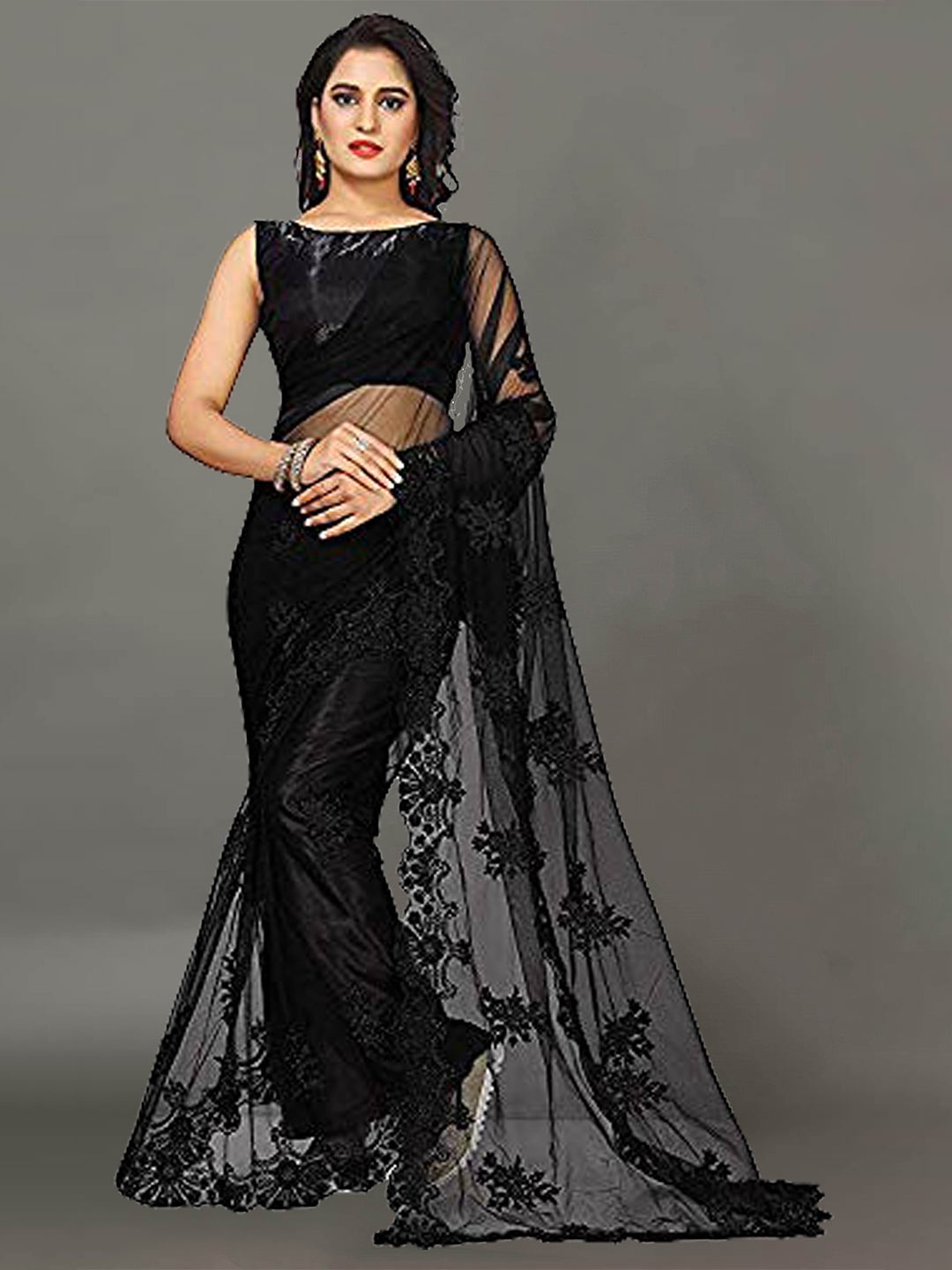 

Ekta Textiles Black Ethnic Motifs Embroidered Net Heavy Work Saree