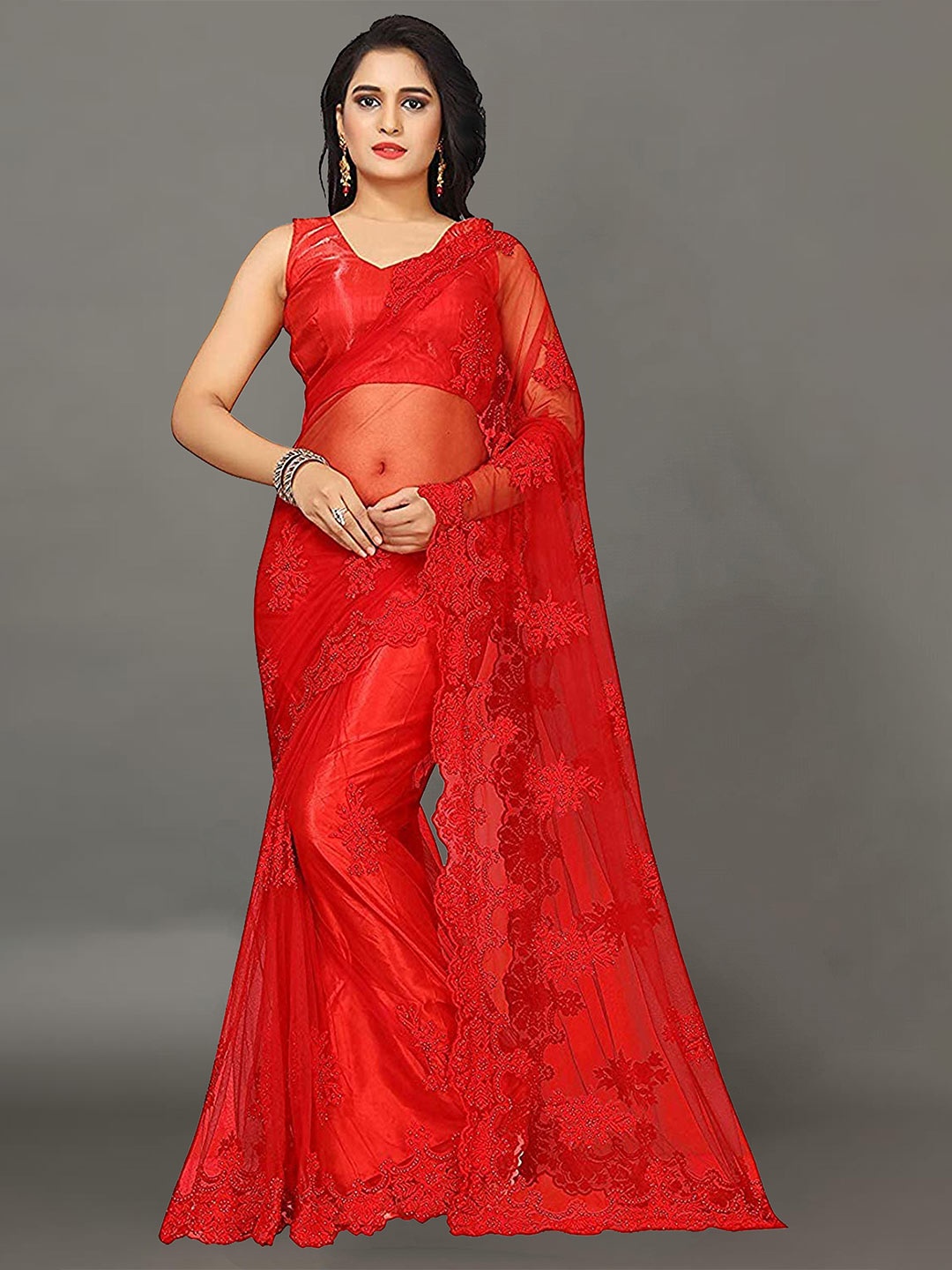 

Ekta Textiles Red Floral Embroidered Net Saree