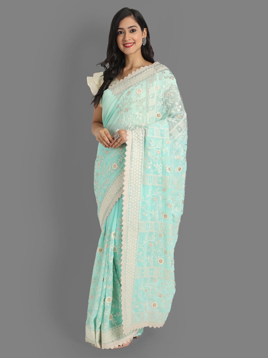 

Ekta Textiles Turquoise Blue & White Floral Phulkari Pure Cotton Chanderi Saree
