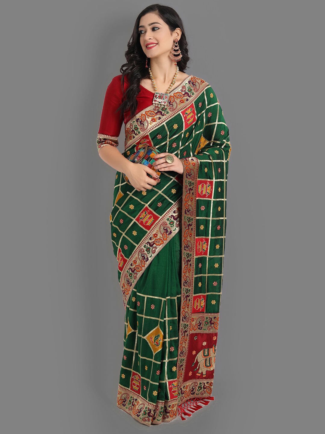 

Ekta Textiles Green & Red Floral Embroidered Silk Blend Patola Saree