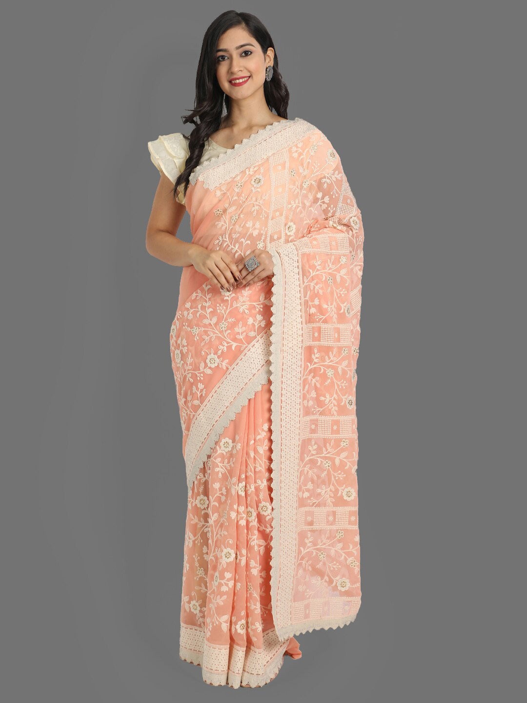 

Ekta Textiles Peach-Coloured & White Floral Phulkari Pure Cotton Chanderi Saree
