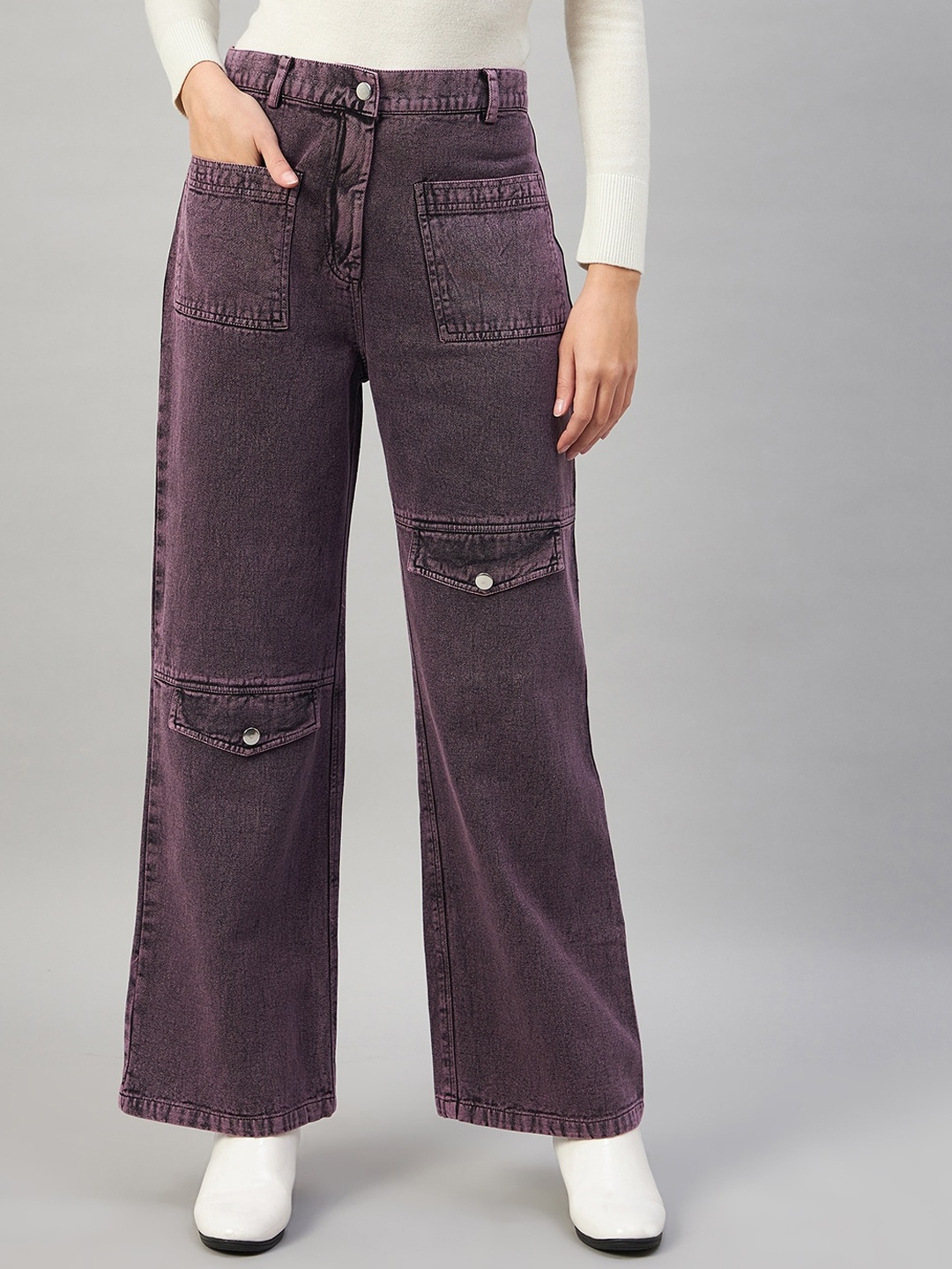 

Orchid Blues Women Flared High-Rise Pure Cotton Jeans, Violet