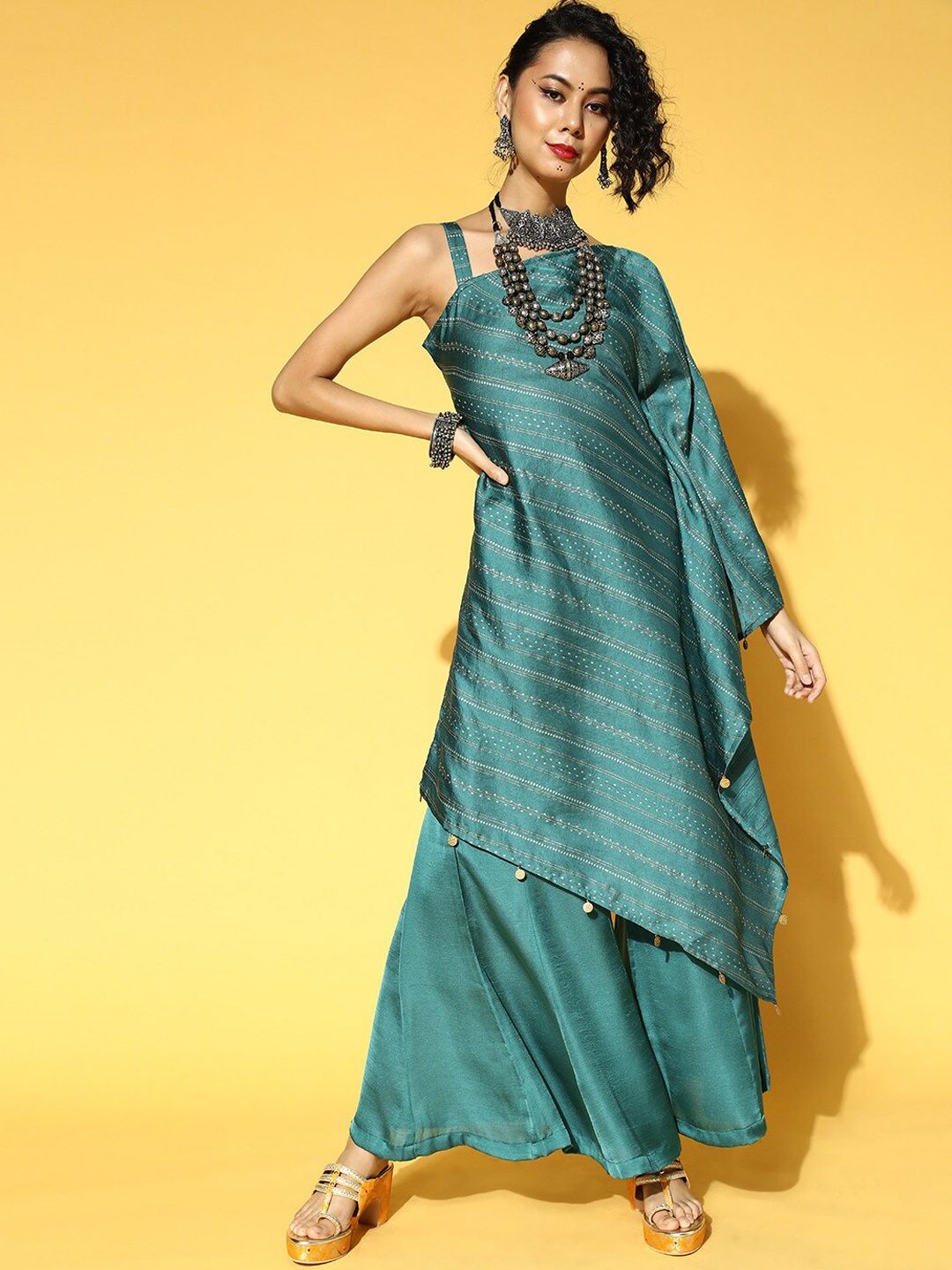 

Yufta Women Striped Gotta Patti Asymmetric Kaftan Kurta with Palazzos, Teal
