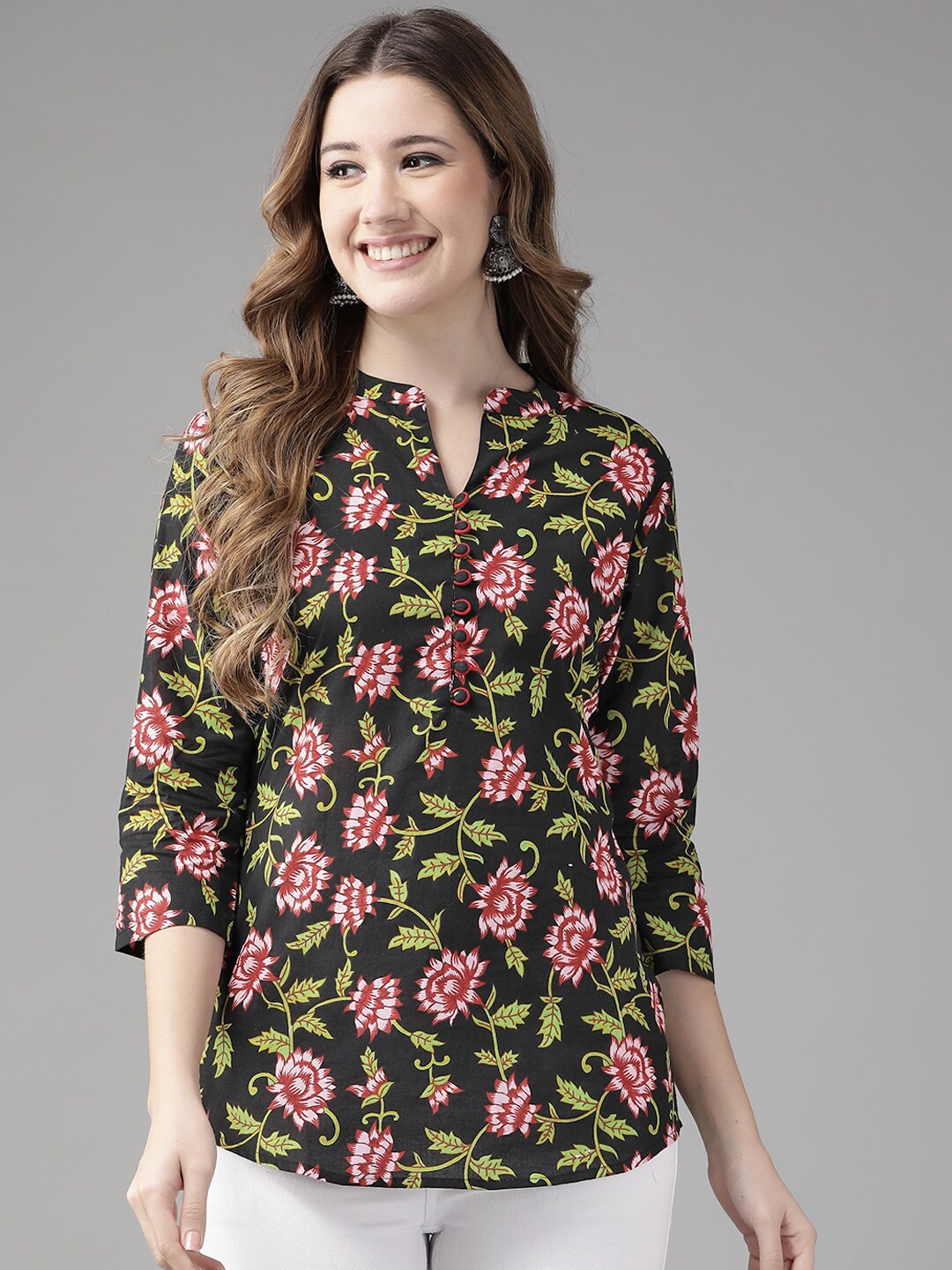 

Yufta Floral Printed Mandarin Collar Pure Cotton Top, Black
