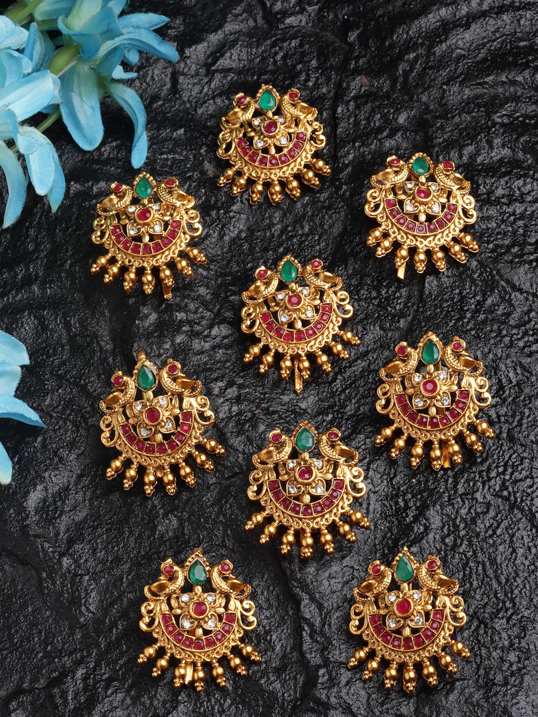 

PANASH Set of 9 Gold-Plated Peacock Stone-Studded Hair Pin