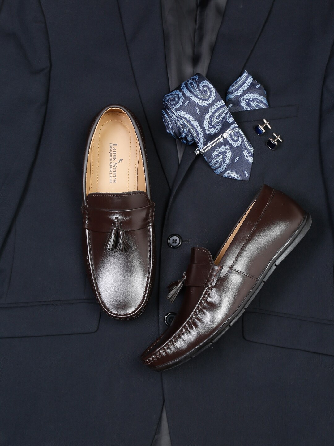 LOUIS STITCH Men Italian Leather Formal Slip On Loafers With Tassel, Brown