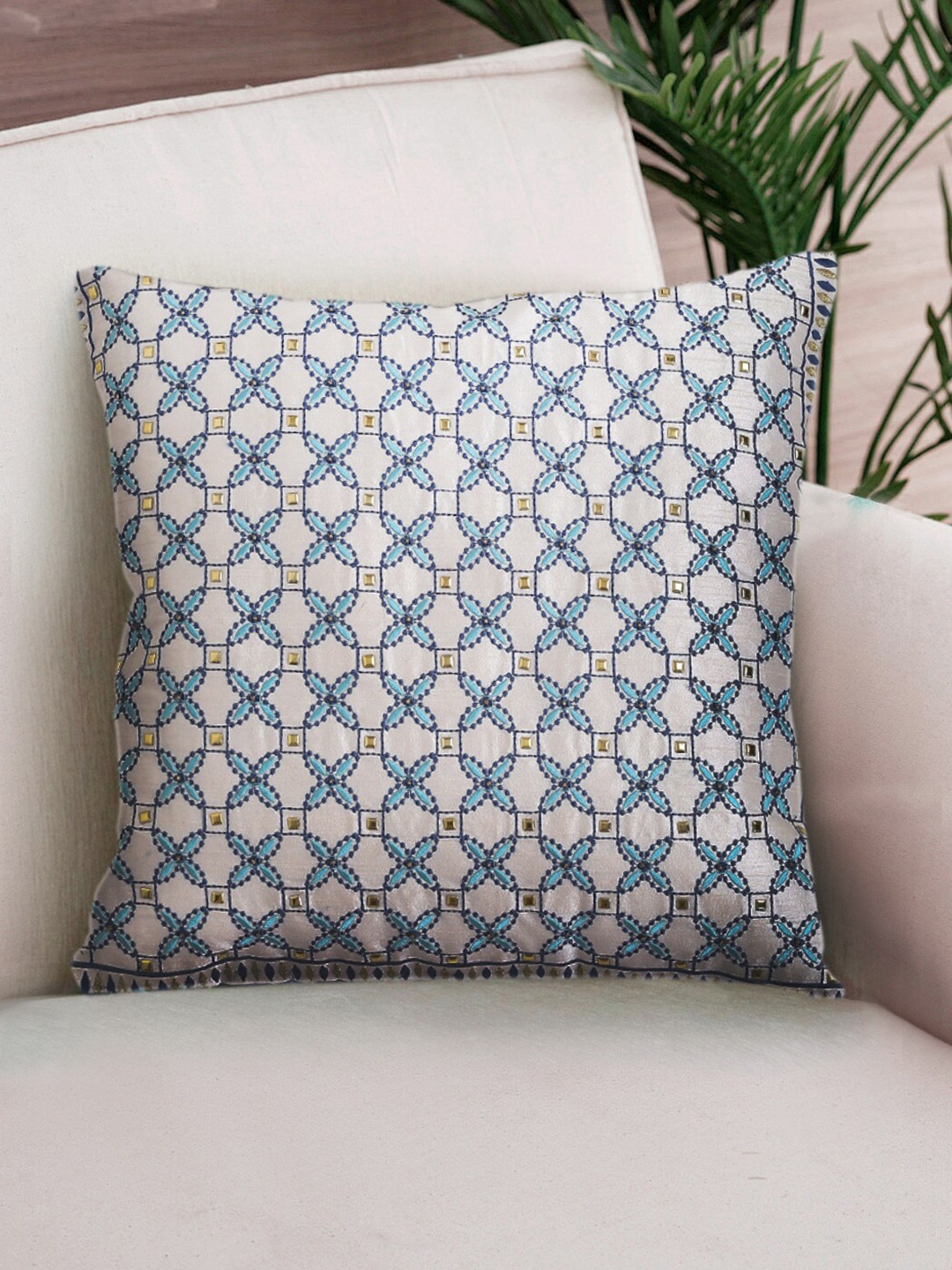 

NISRAG HOME Grey & Blue Floral Embroidered Square Cushion Cover
