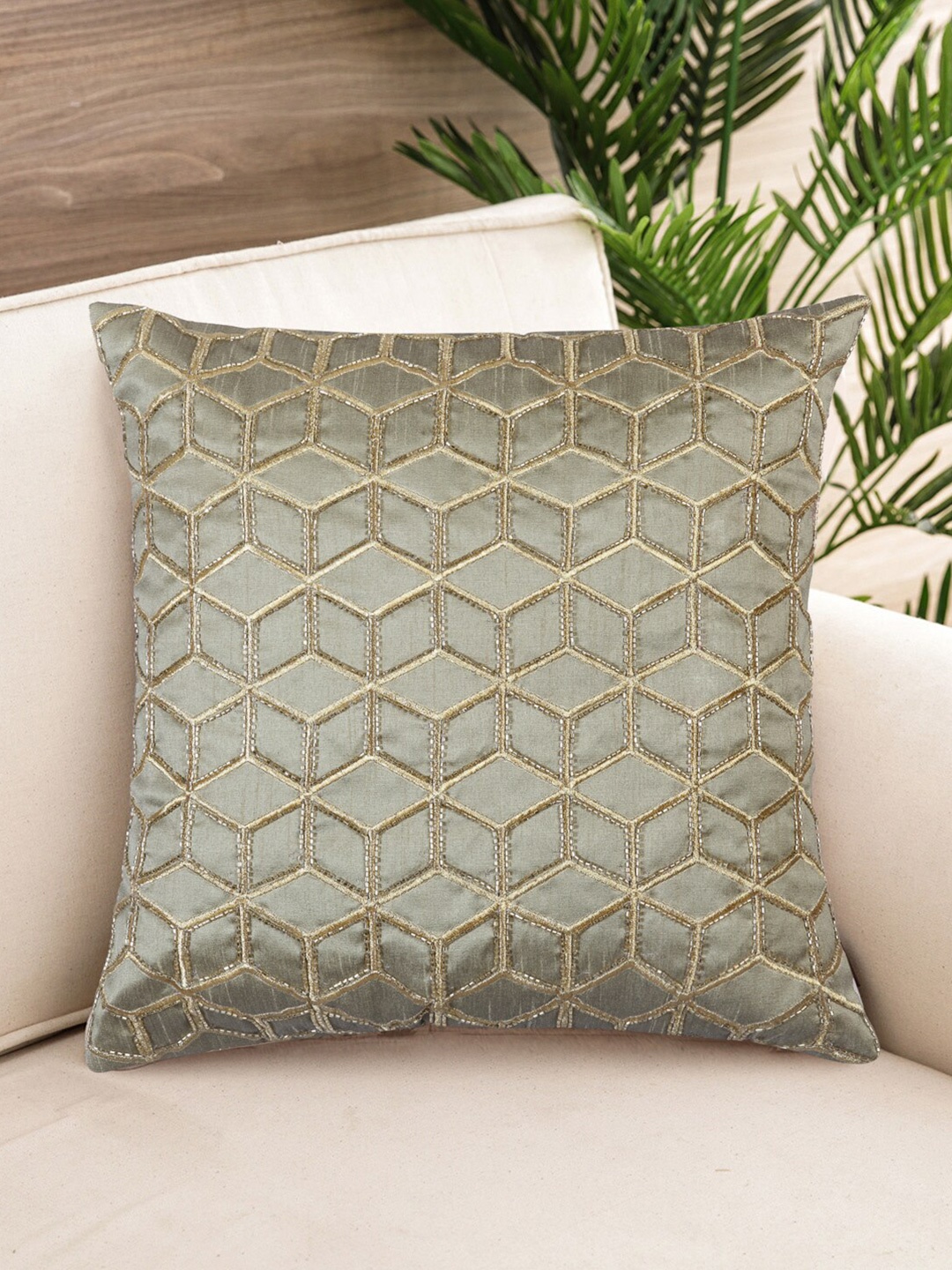 

NISRAG HOME Grey Embroidered Square Cushion Cover