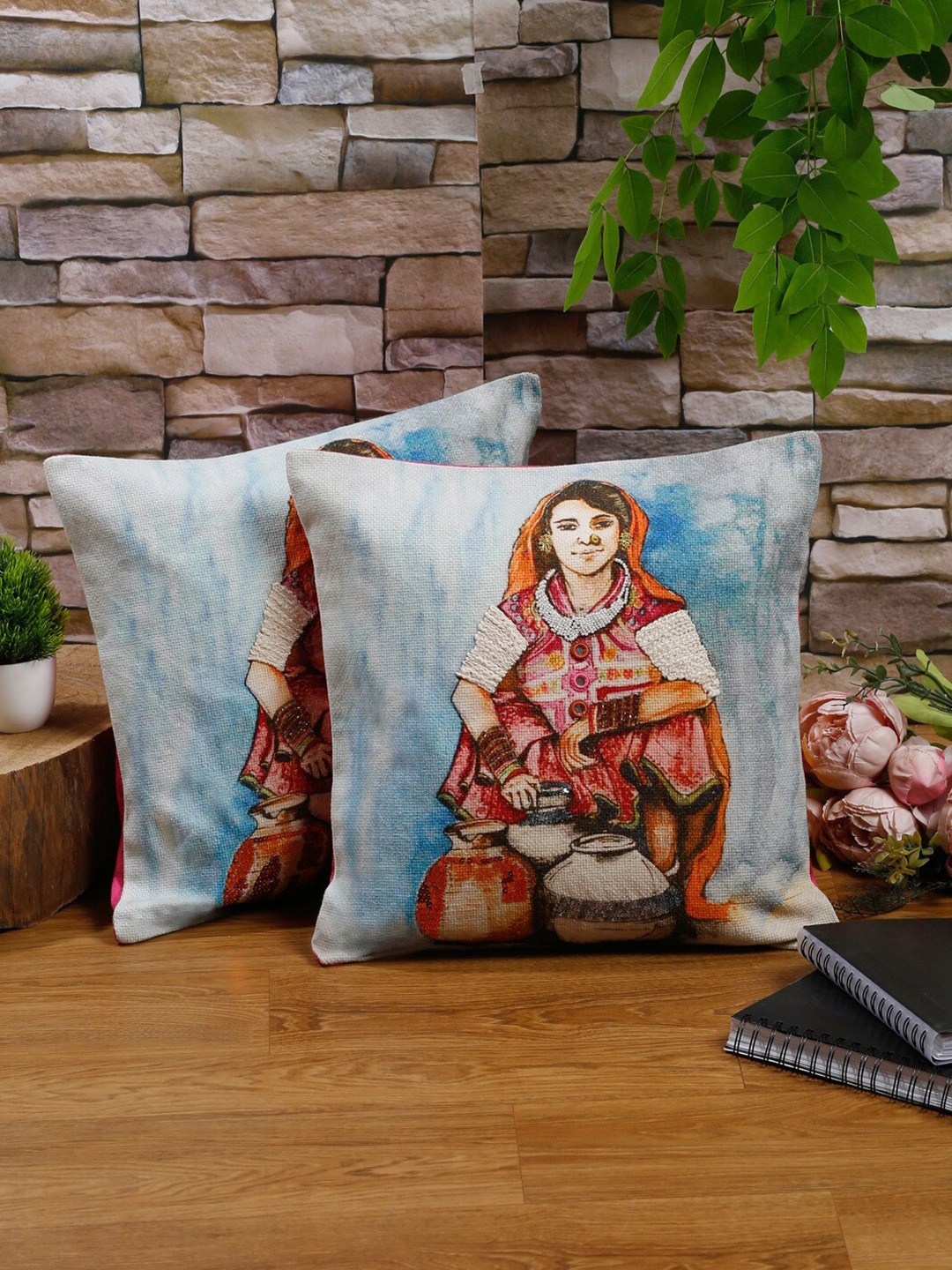 

NISRAG HOME Blue & White 2 Pcs Figurine Printed Square Cushion Covers