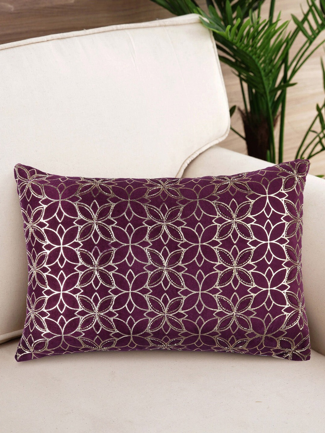 

NISRAG HOME Purple & Gold-Toned Floral Embellished Rectangle Cushion Cover