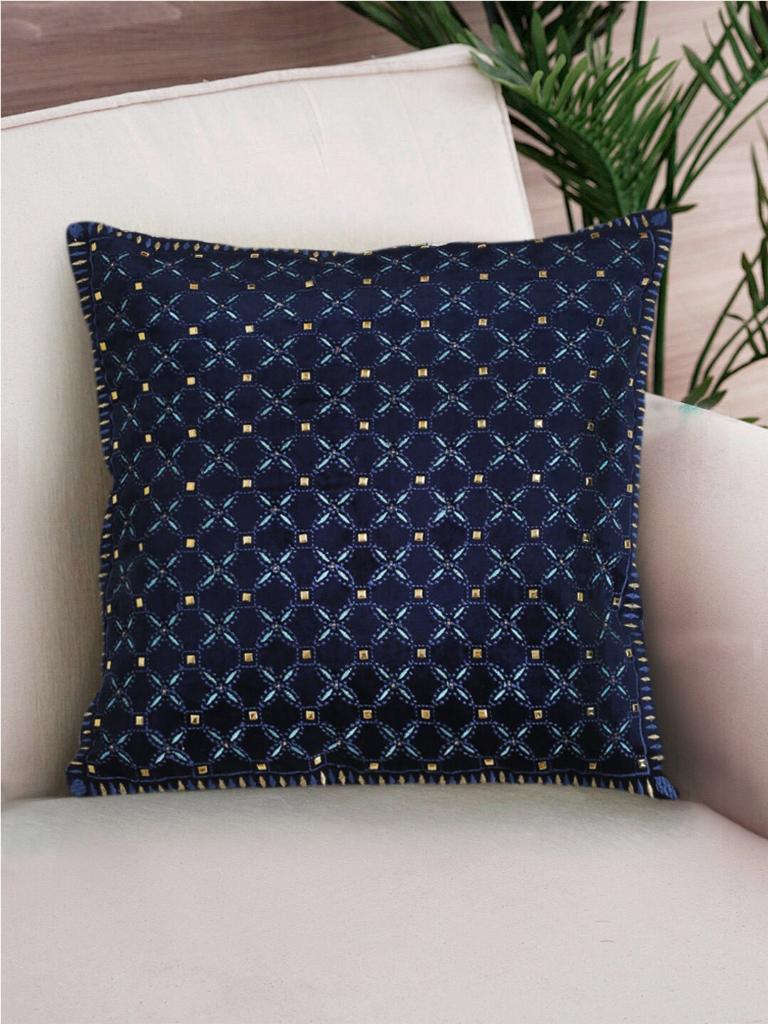 

NISRAG HOME Navy Blue & Beige Ethnic Motifs Embroidered Square Cushion Cover