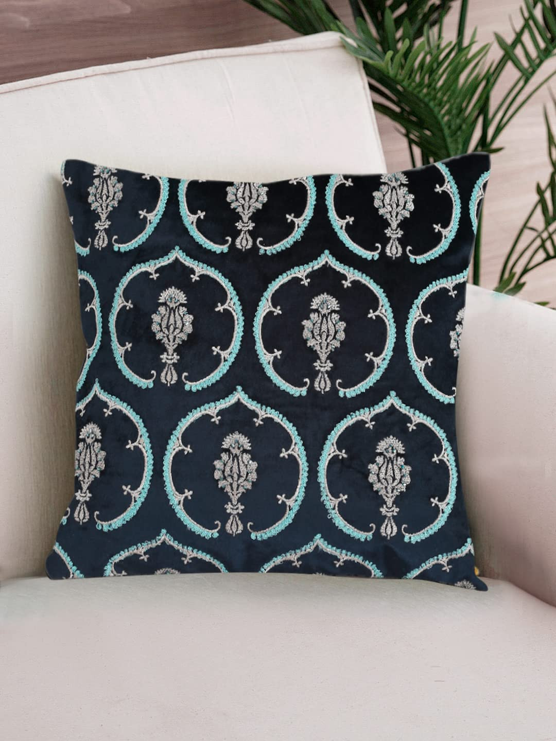

NISRAG HOME Navy Blue & Beige Ethnic Motifs Embroidered Square Cushion Cover