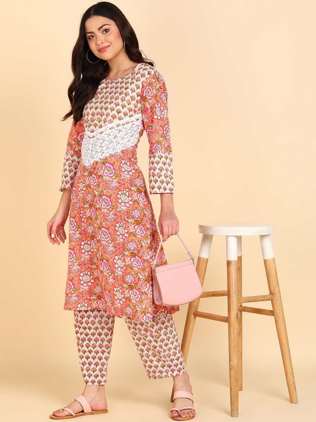 

Sangria Women Floral Printed Round Neck Pure Cotton Kurta with Salwar, Orange