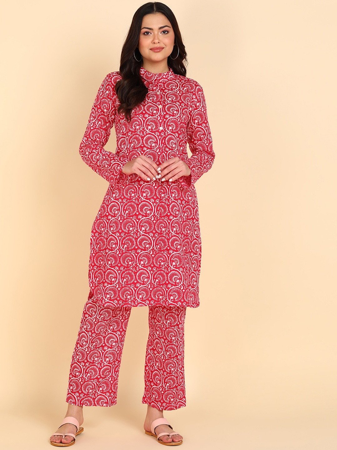 

Sangria Women Ethnic Motifs Printed Mandarin Collar Pure Cotton Kurta with Palazzos, Red