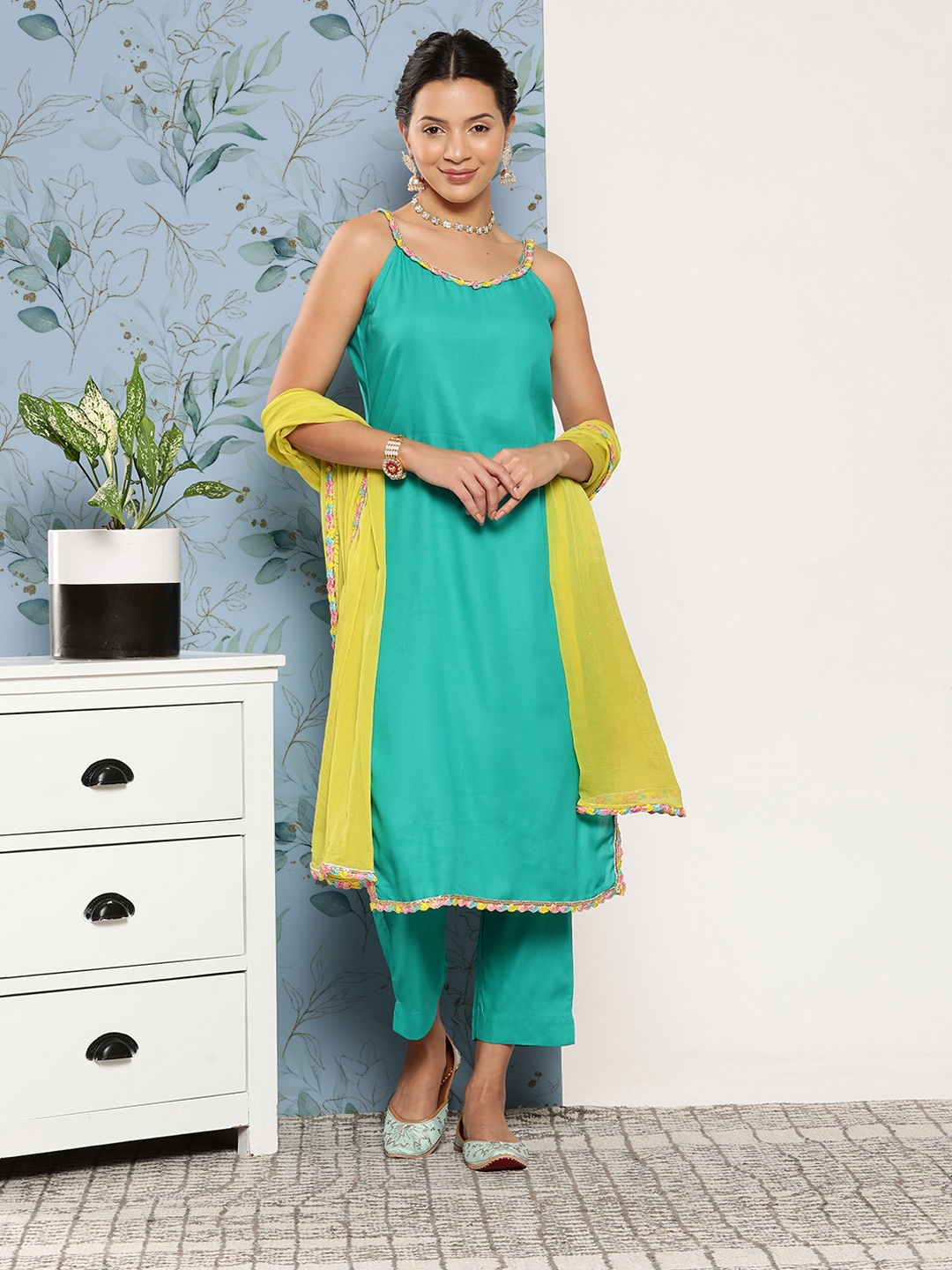 

InWeave Women Kurta with Palazzos & Dupatta, Sea green