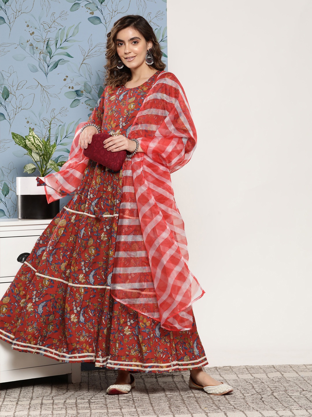 

InWeave Floral Printed Tiering Anarkali Kurta, Red
