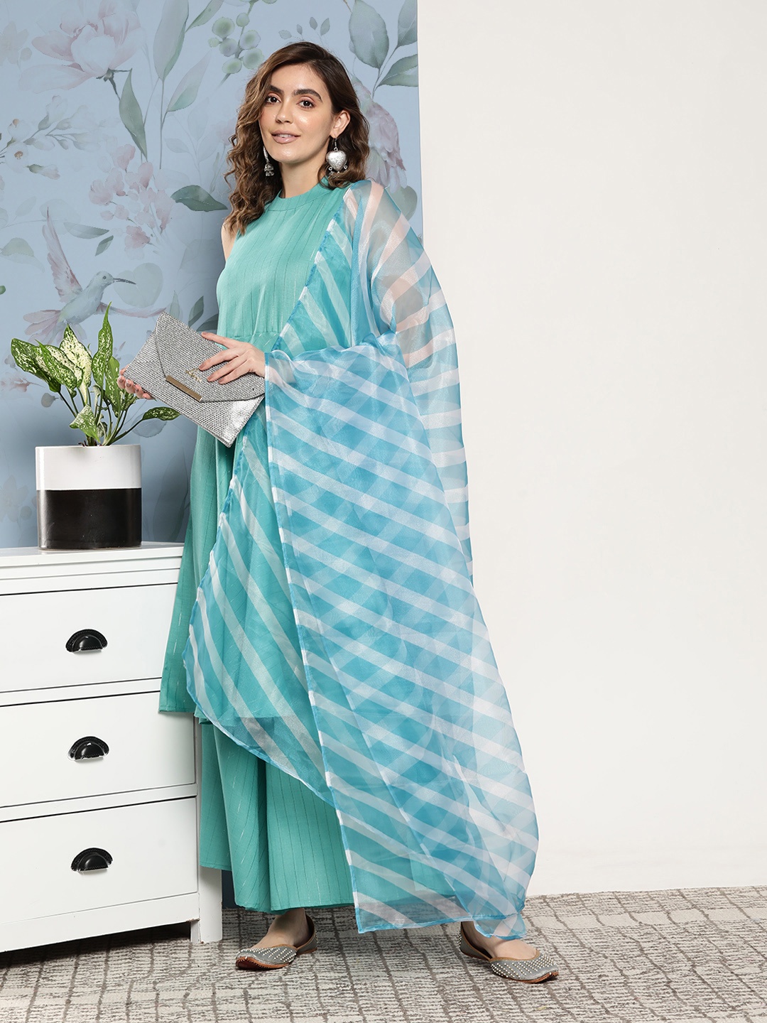 

InWeave Women Kurta with Palazzos & With Dupatta, Turquoise blue