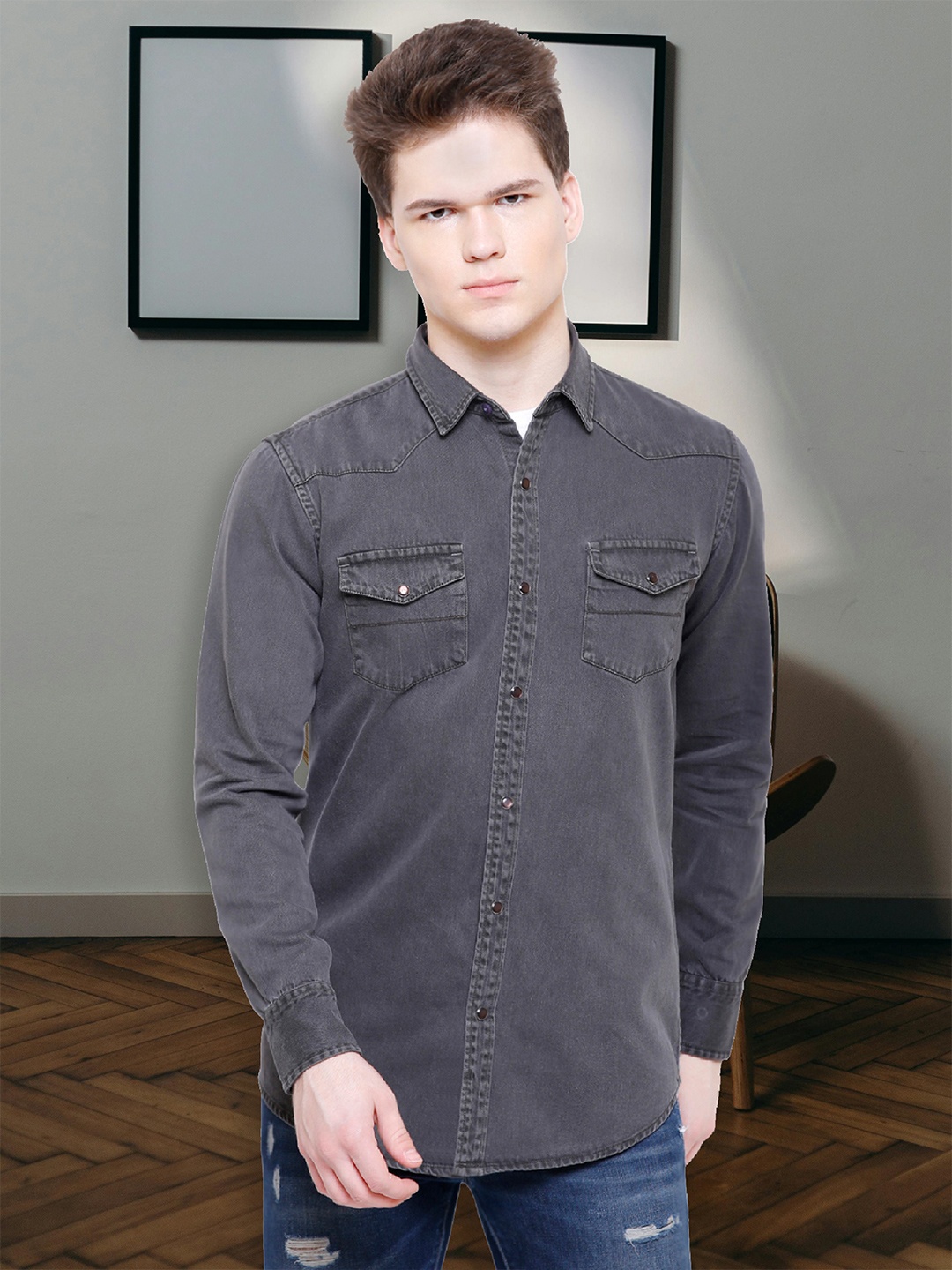

Kuons Avenue Men Smart Slim Fit Denim Shacket, Grey