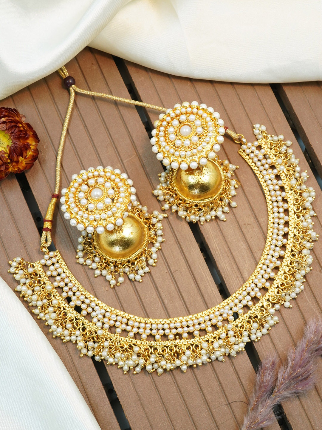 

GRIIHAM Gold-Plated CZ-Studded & Pearl Beaded Jewellery Set