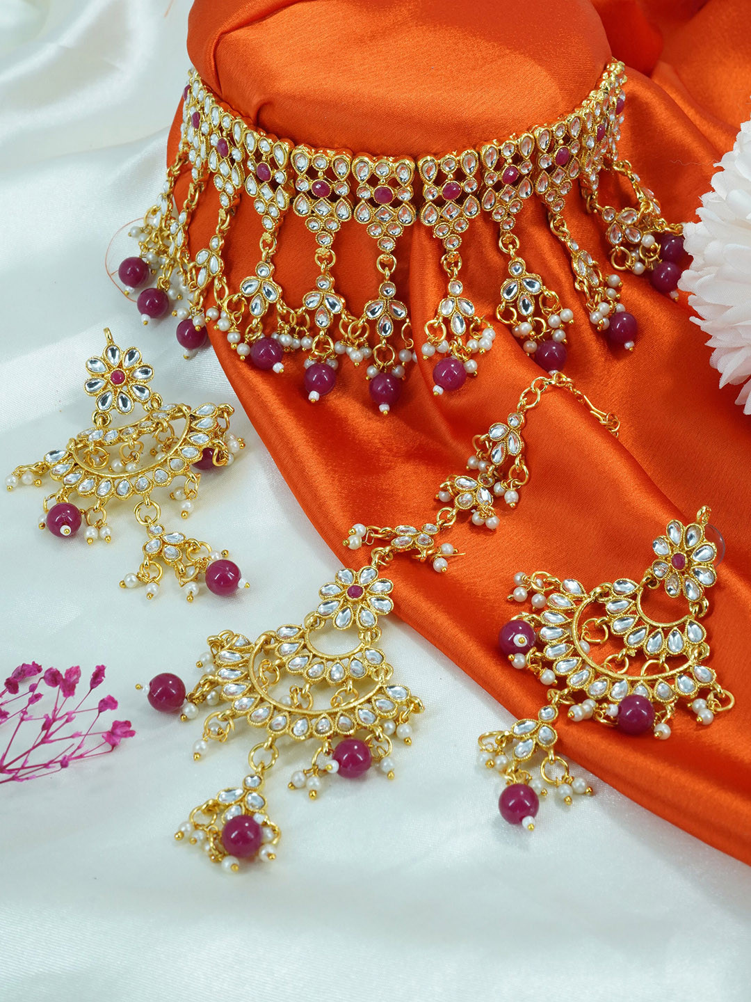 

GRIIHAM Gold-Plated CZ-Studded & Pearl Beaded Jewellery Set