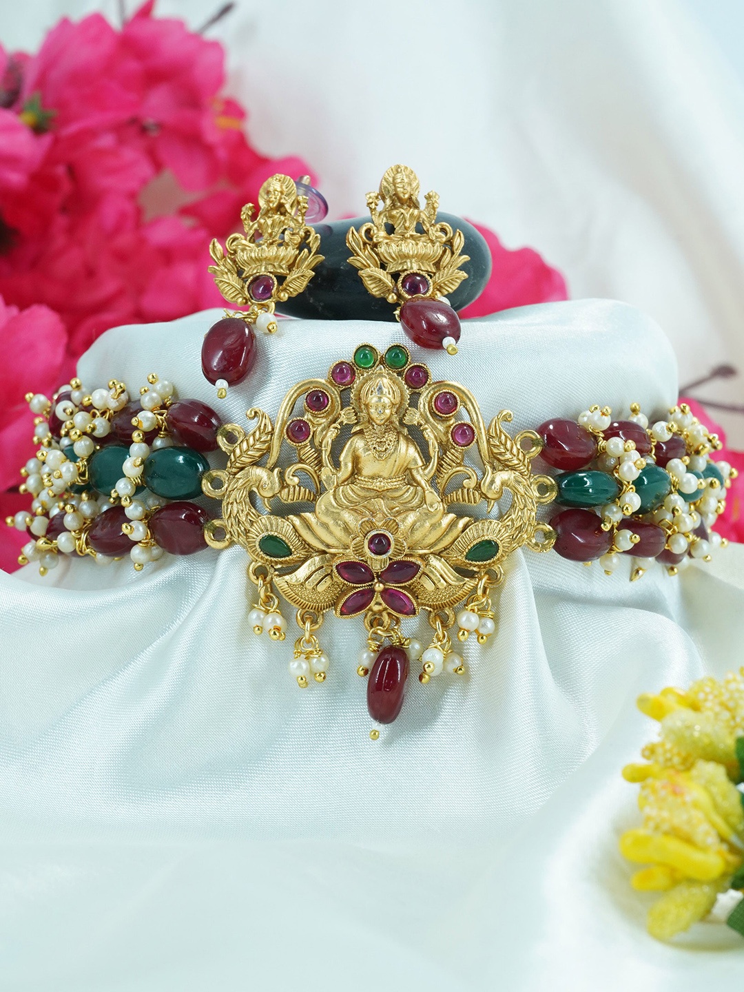 

GRIIHAM Gold-Plated & CZ-Studded & Beaded Temple Jewellery Set, Magenta