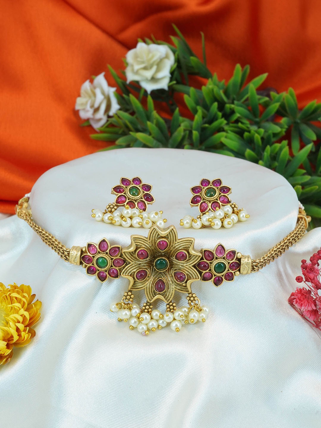 

GRIIHAM Gold-Plated CZ Studded & Beaded Jewellery Set
