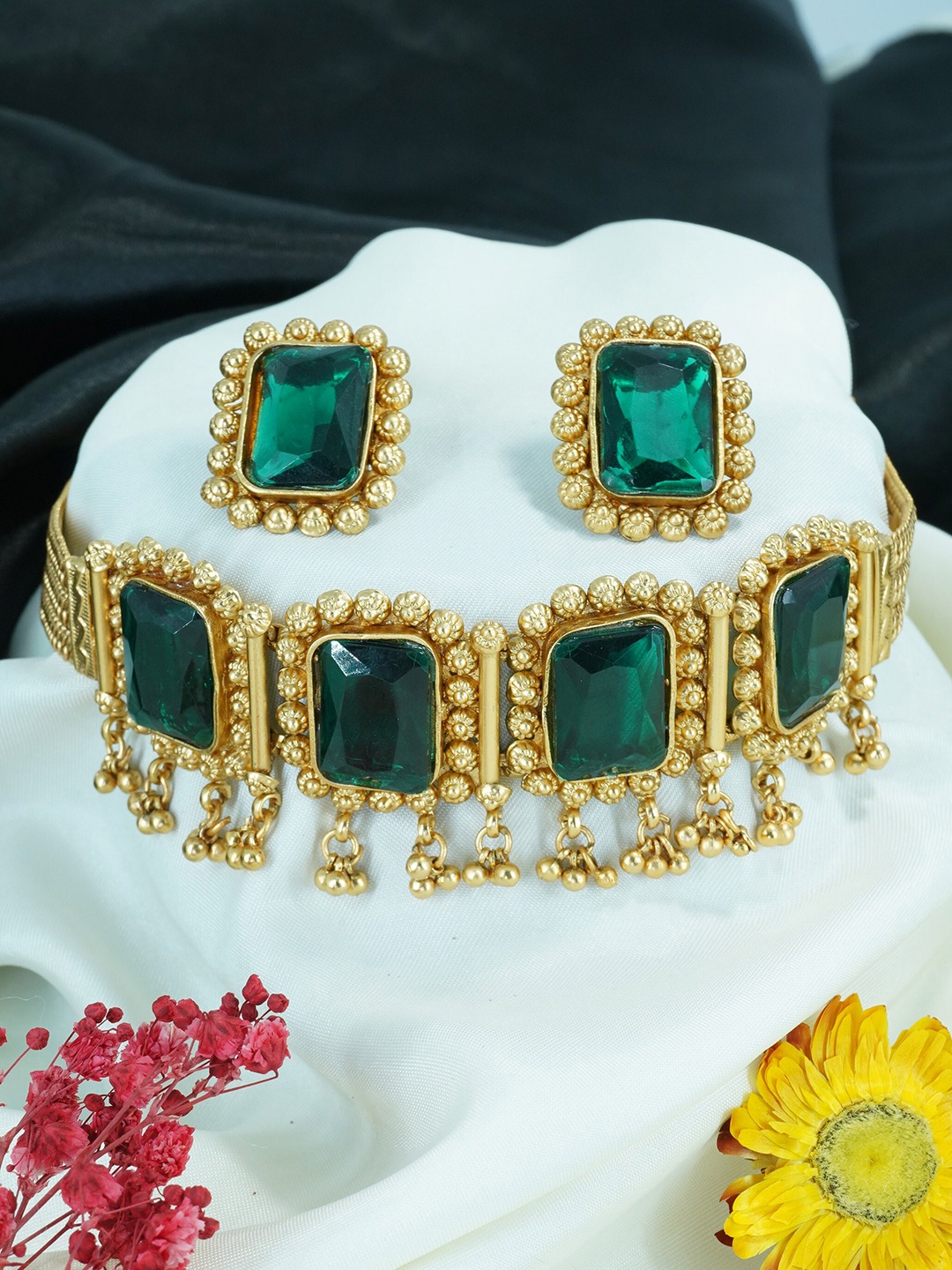 

GRIIHAM Gold-Plated CZ-Studded Jewellery Set, Green