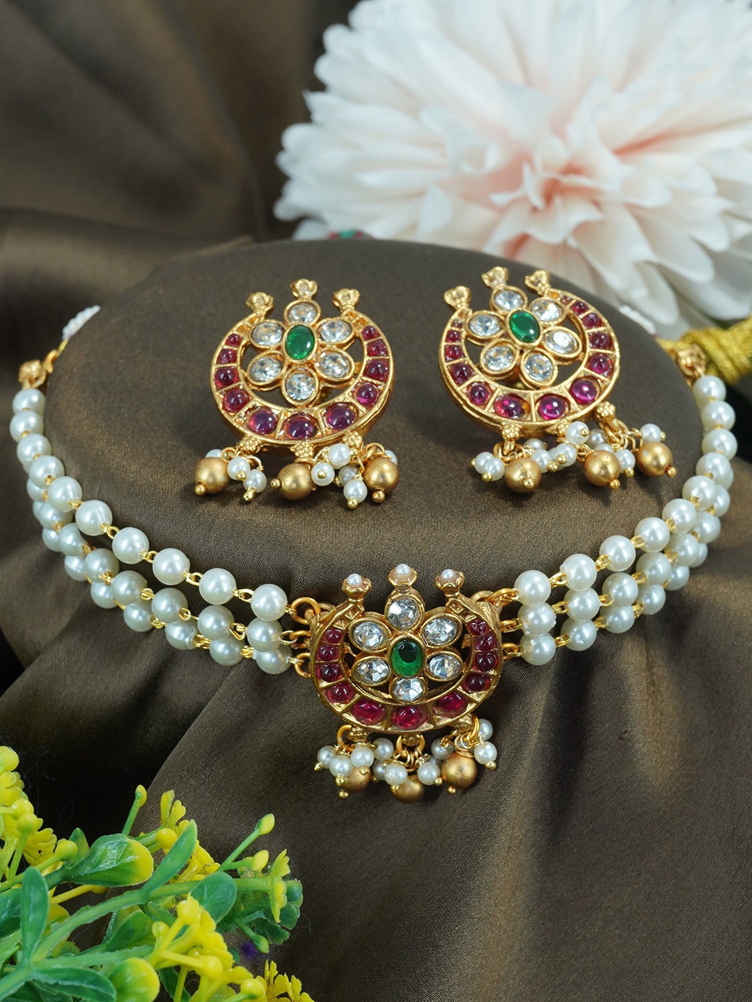 

GRIIHAM Gold-Plated Stone Studded & Beaded Chand Bali Jewellery Set