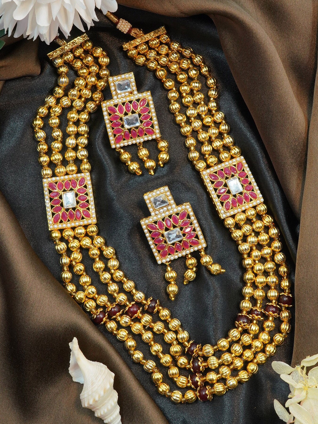 

GRIIHAM Gold-Plated CZ Studded & Beaded Layered Jewellery Set