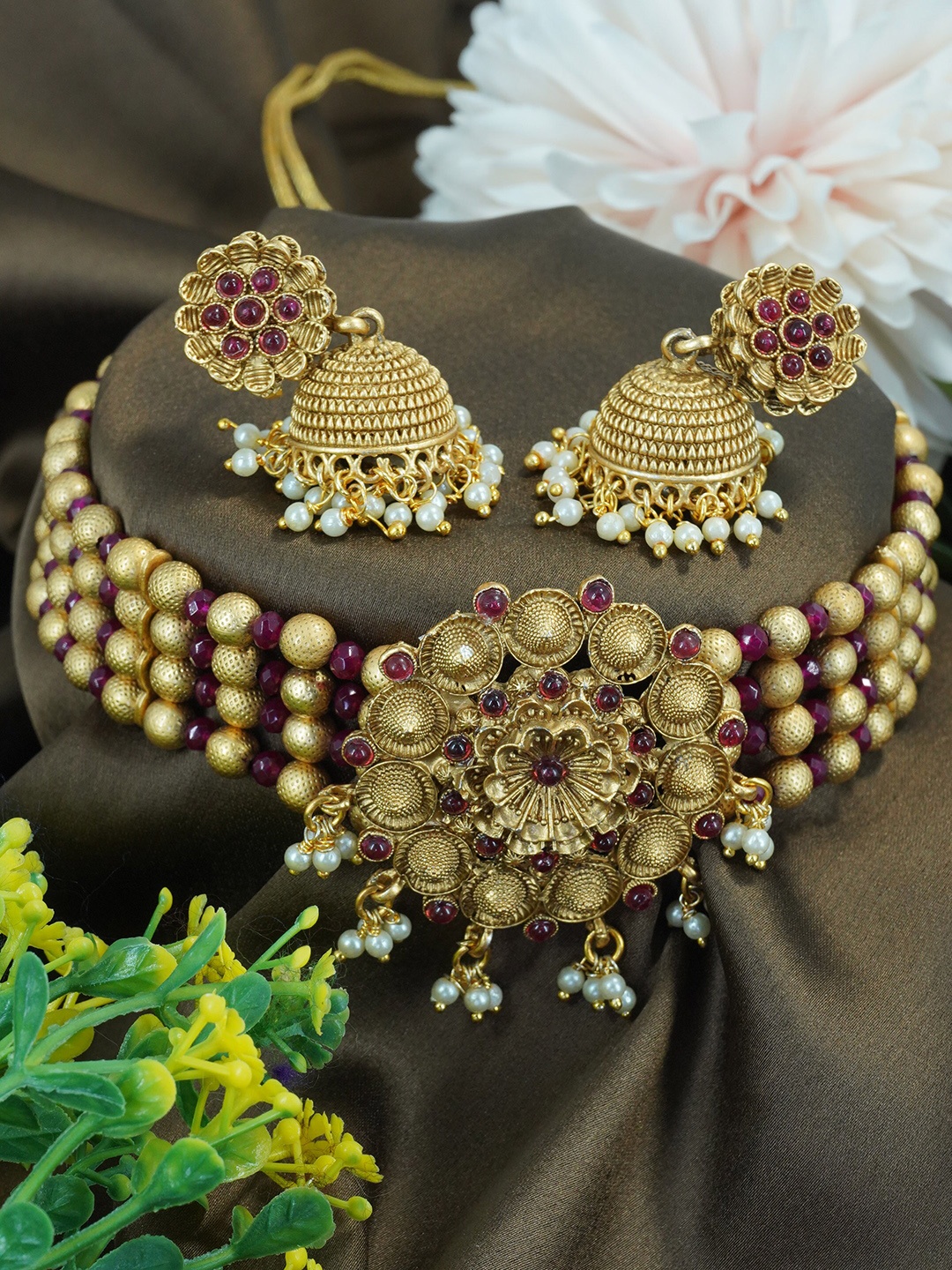 

GRIIHAM Gold-Plated CZ Studded & Beaded Jewellery Set