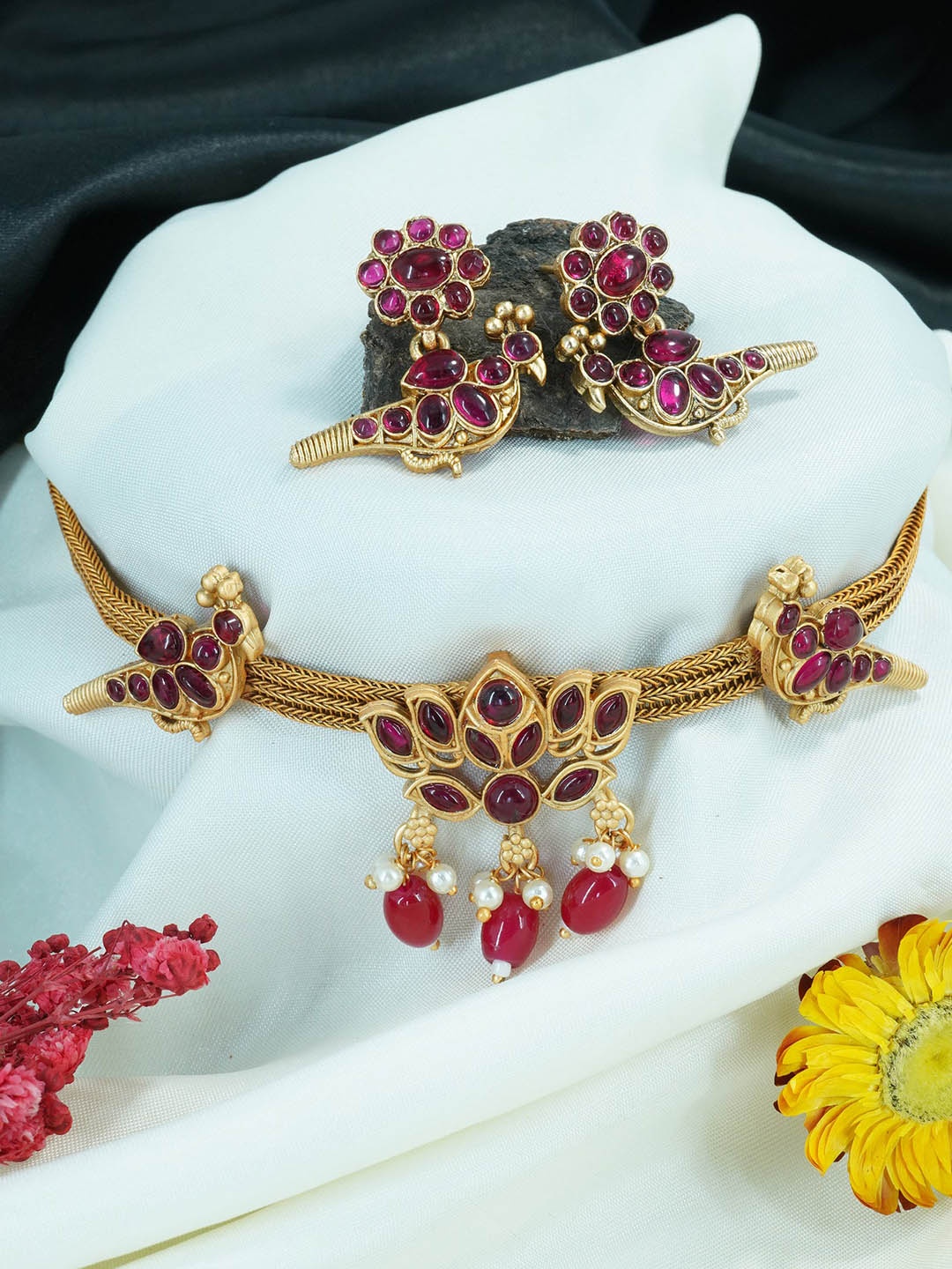 

GRIIHAM Gold-Plated Stone & Bead Studded Antique Bird Design Jewellery Set