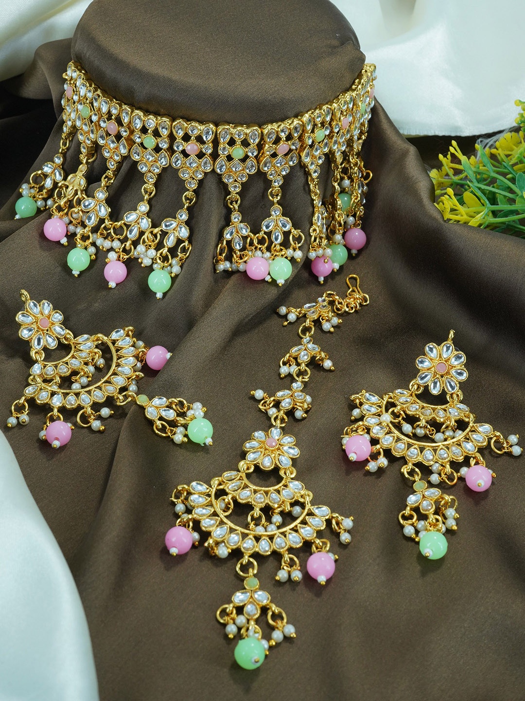 

GRIIHAM Gold-Plated CZ Studded & Beaded Jewellery Set