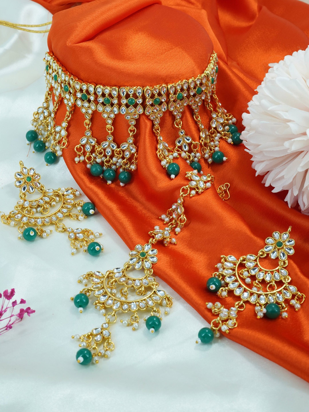 

GRIIHAM Gold-Plated CZ-Studded & Pearl Beaded Jewellery Set